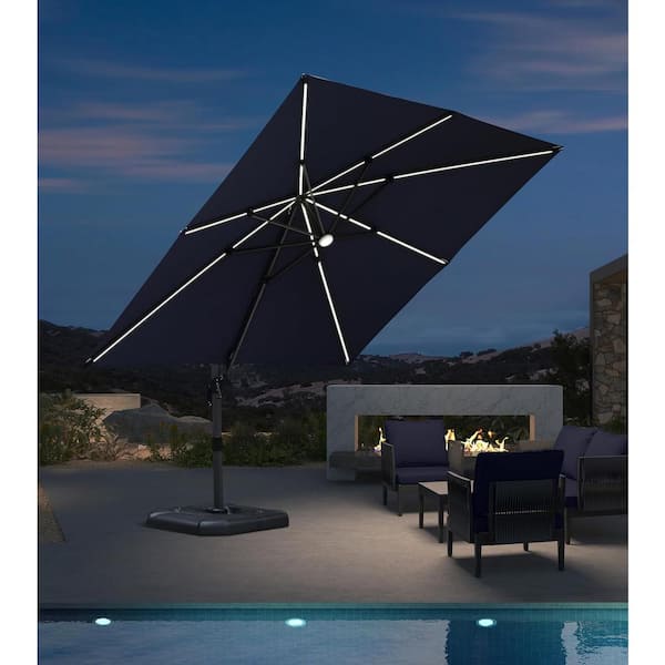 PURPLE LEAF 10 ft. Square Cantilever Umbrella Solar Powered LED Aluminum Offset 360° Rotation Umbrella in Navy Blue