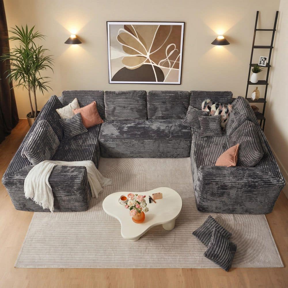 Allwex VN 135 in. Wide Arm 3-Piece Modern Plush Corduroy U-Shape