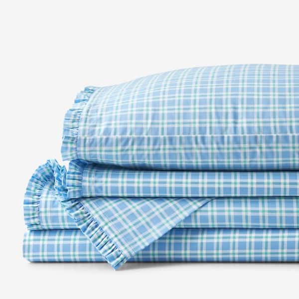 The Company Store Company Cotton Sunshine & Blooms Blue/Green Plaid Cotton Percale Twin Sheet Set