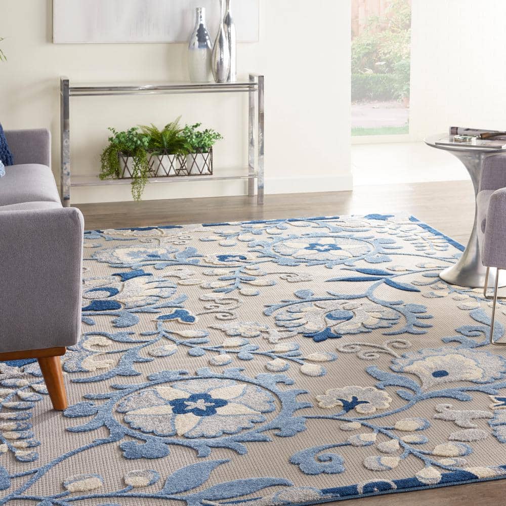 Blue and Grey Floral Flat Woven 9' x 12' Synthetic Area Rug
