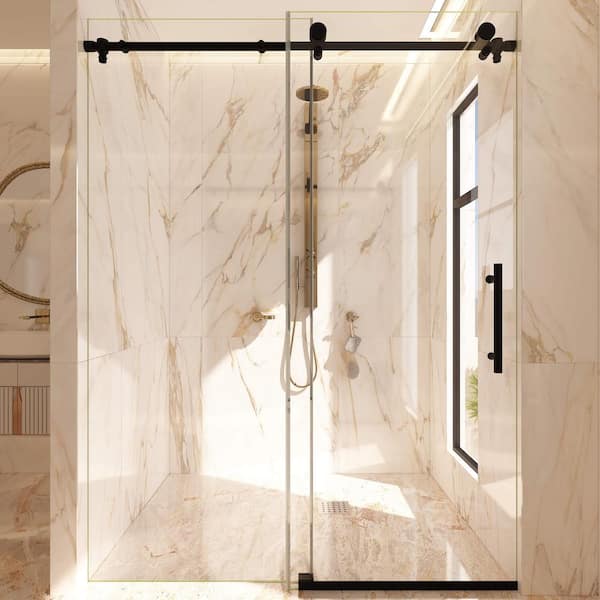 Murano Lux 48 in. W x 76 in. H Frameless Single Sliding Shower Door in Matte Black Finish with 3/8 in. Tempered Glass
