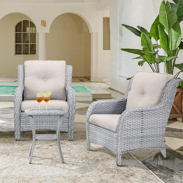 Gymojoy Carolina 3-Piece Light Gray Wicker Patio Conversation Set with Beige Cushions