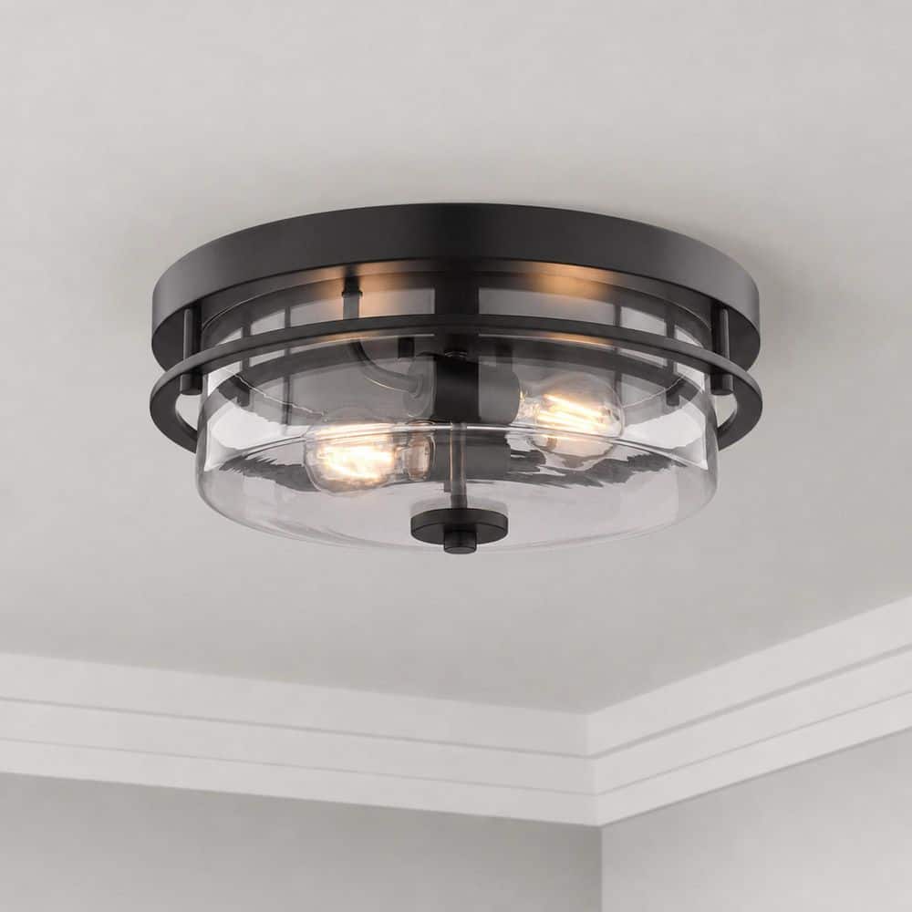Grace 14.75 in. Contemporary Round Matte Black Flush Mount Ceiling Light for Bedroom with Clear Glass Drum Shade price history on PriceWatchPro