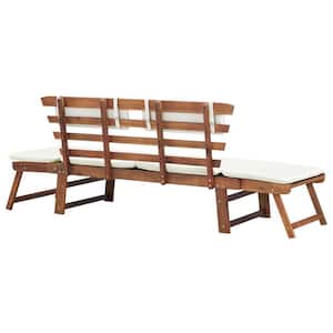 4-Person Brown Wood Outdoor Bench Garden Day Bed with White Cushions