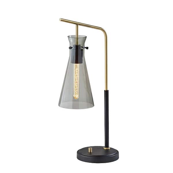 HomeRoots 24 in. Gray Contemporary Integrated LED Bedside Table Lamp with Gray Glass Shade