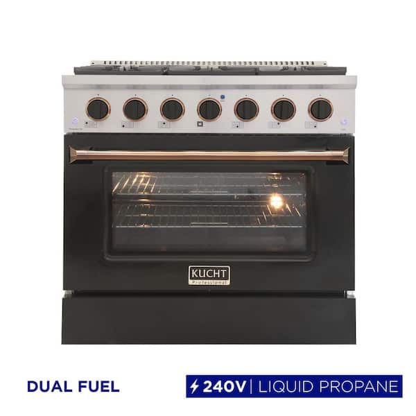 36 in. 5.2 cu. ft. LP Ready Dual Fuel Range with Gas Stove and Electric Oven with Convection Oven in Black with Gold