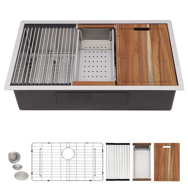 36 in. Undermount 16 Gauge 304 Stainless Steel Kitchen Sink, Ledge Workstation Under Counter Large Single Bowl Basin Set