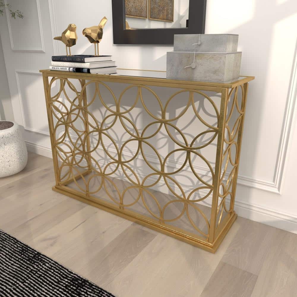 Elegant Gold Metal & Mirrored Glass Console Table, 47" x 32"