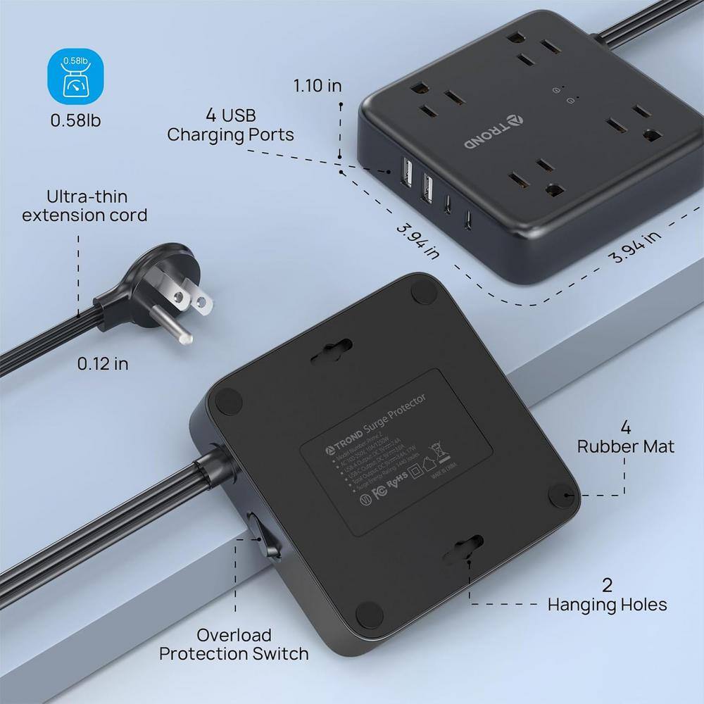 Black 4-Outlet Power Strip with USB-A and USB-C Ports