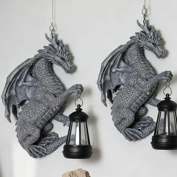 5 in. x 9 in. Gray Resin Solar Tree Hugger Dragon Garden Statue
