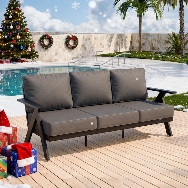 Black Frame Aluminum Outdoor Couch All Weather Patio Sofa with 3-Seats, Gray Cushions for Garden Lawn Backyard