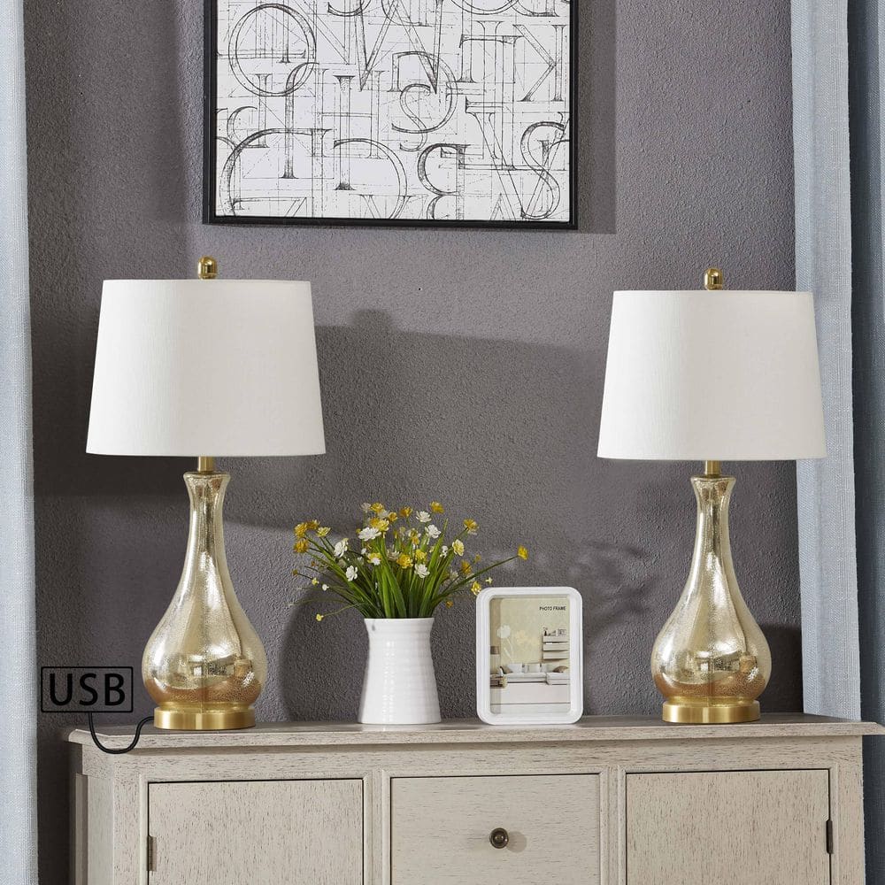 Denver 26 in. Gold Coastal Dimmable Glass Bedroom Living Room Bedside Desk Nightstand Table Lamps USB Port Set of 2 price history on PriceWatchPro
