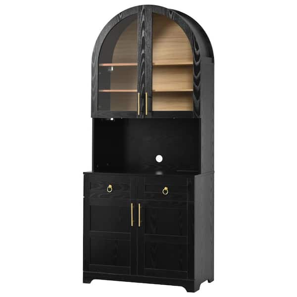 74.8in Black Farmhouse Tall Arched Kitchen Pantry Cabinet with Power Outlet