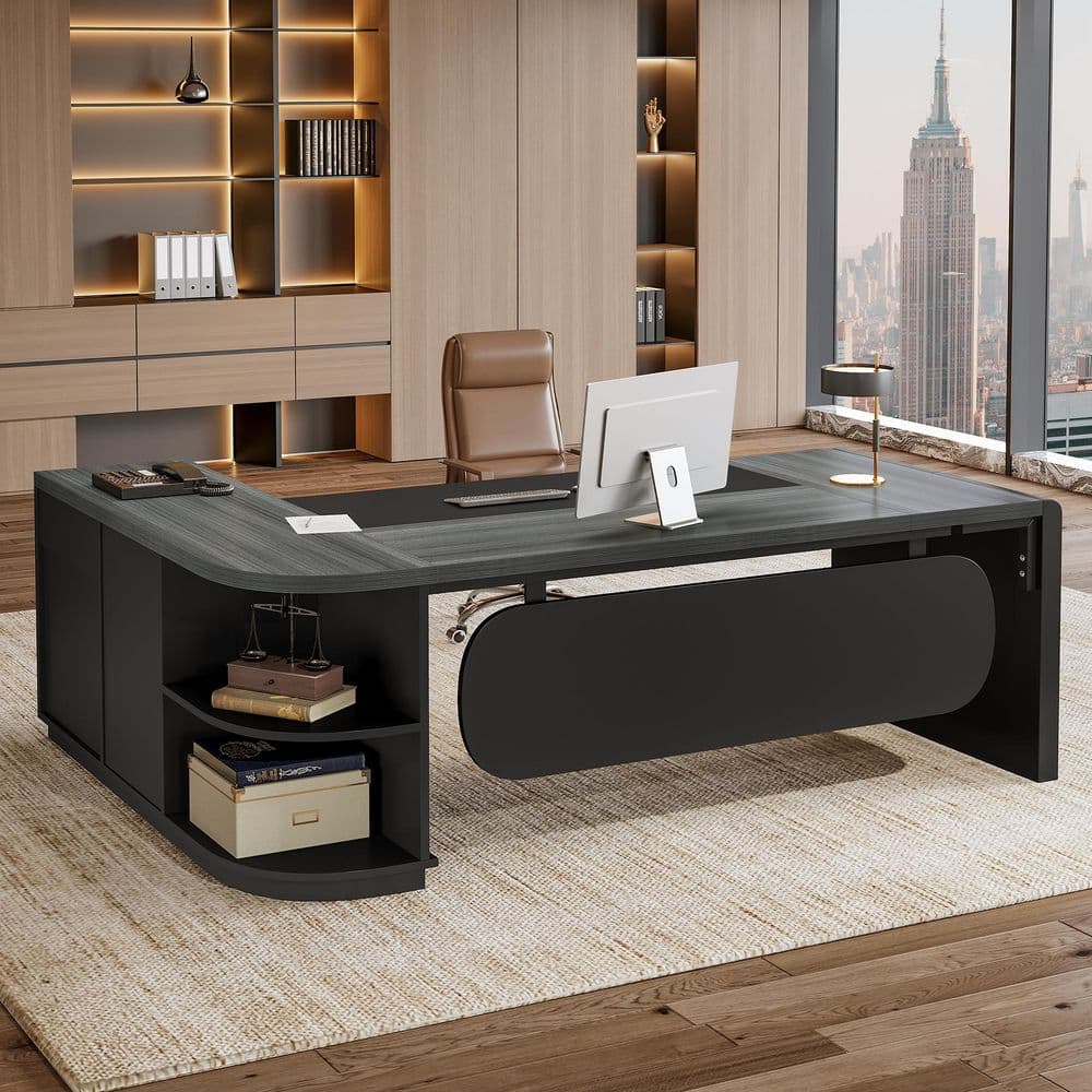 Lanita 81 in. L-Shaped Grey and Black Wood 3-Drawer Executive Office Computer Business Desk with 4 Storage Shelves price history on PriceWatchPro