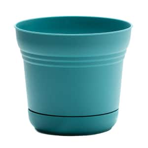Saturn 14 in. Bermuda Teal Plastic Planter with Saucer