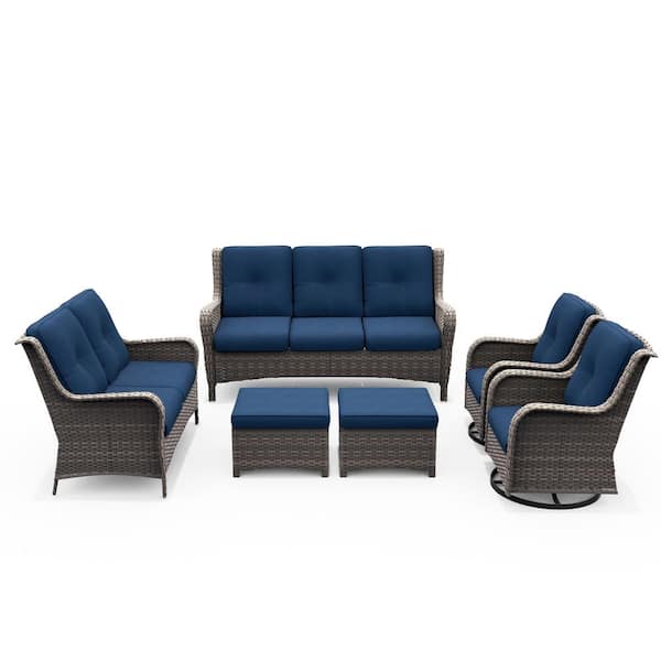 Patio Furniture Set 6-Piece Wicker Outdoor Patio Conversation Set with Blue Cushions