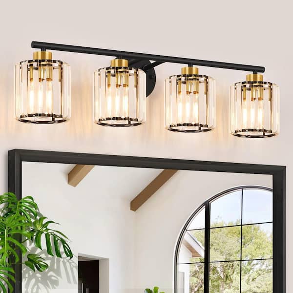 ZSMIHDOH 27 in. 4-Light Black and Gold Bathroom Vanity Light with Crystal Shades