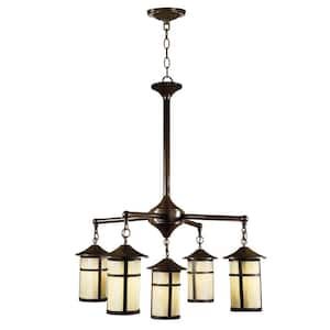 Round Lantern 5-Light Antique Bronze Hanging Chandelier