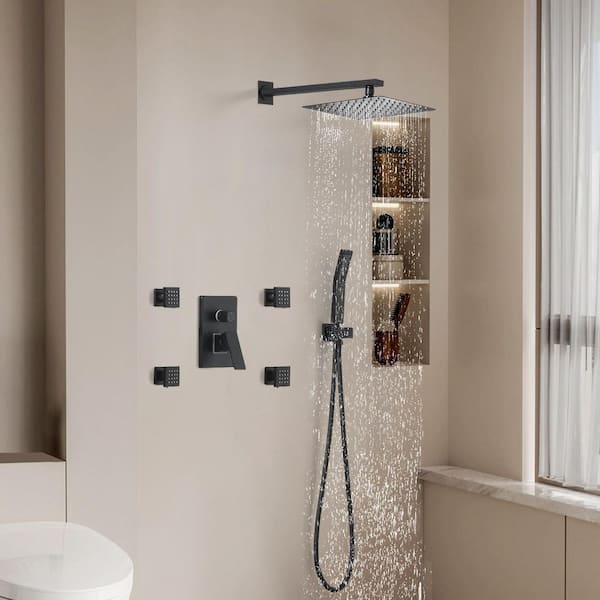 1-spray 9.84 in. Wall Mount Dual Fixed and Handheld Shower Head 1.8 GPM with Body-Sprays in Matte Black