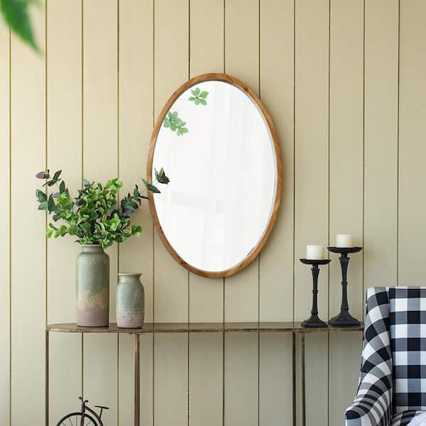 Brown 23.6 in W x 35.4 in. H Cottage Oval Wood Framed Mirror Wall Mirror Wall Decor Mirror Bathroom Vanity Mirror