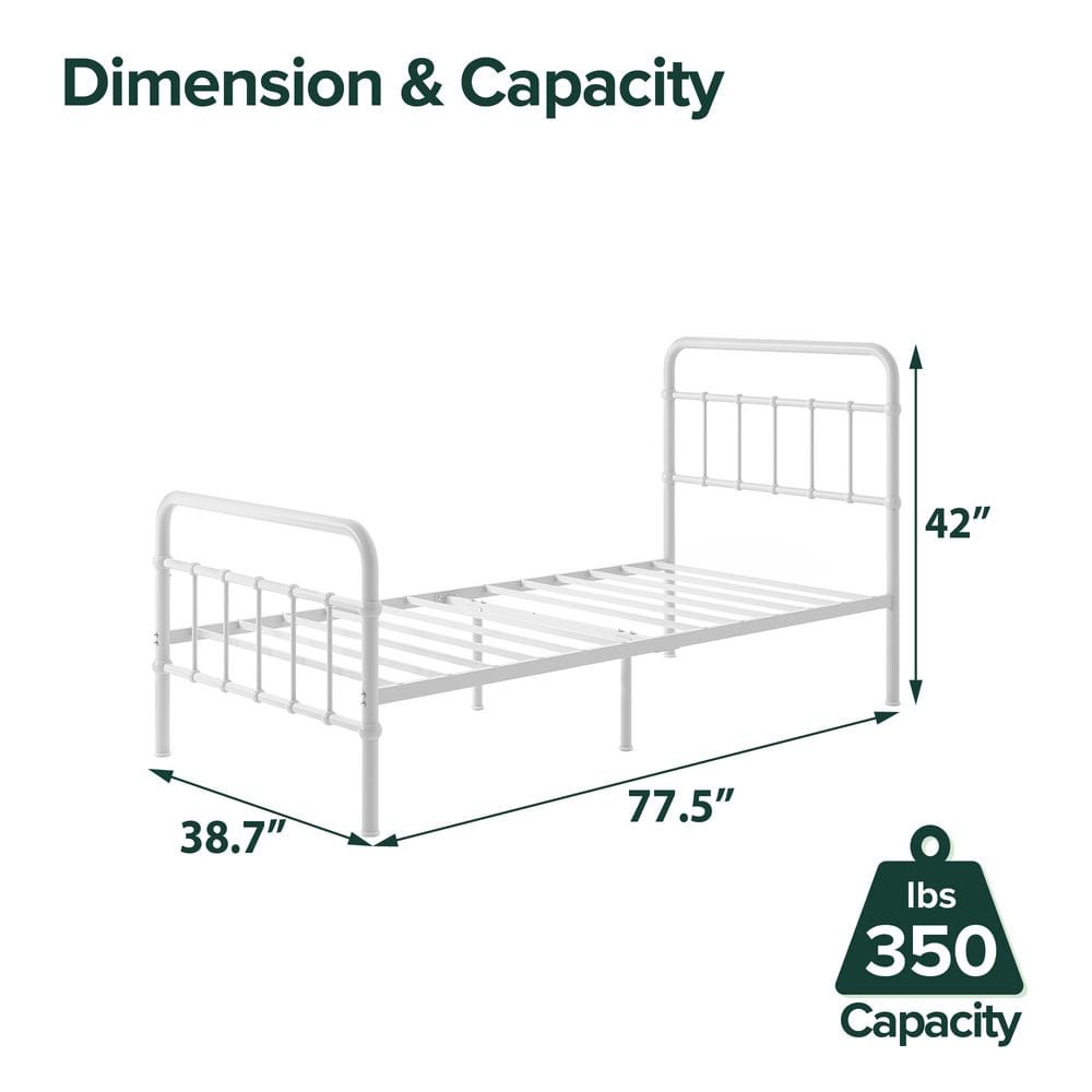 Florence White Twin Metal Platform Bed with Spindle Headboard