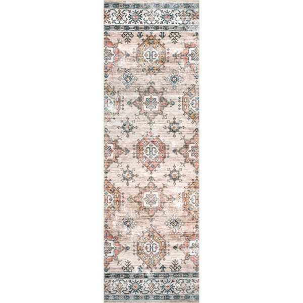 Finley Machine Washable Vintage Distressed Beige 2 ft. 6 in. x 10 ft. Runner Rug