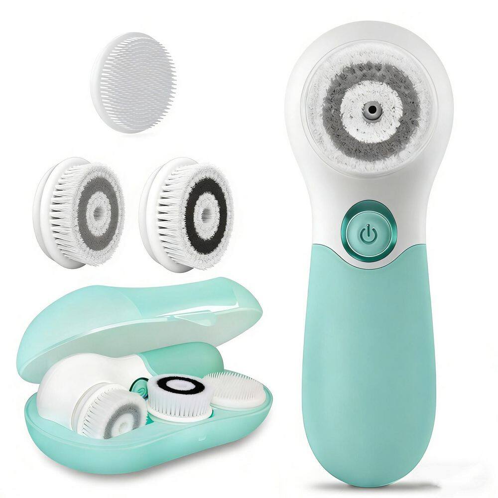 1-Piece Bathroom Accessory Set in Green, Electric Facial Cleansing Brush with 3-Cleanser Heads and 2-Speeds Adjustable