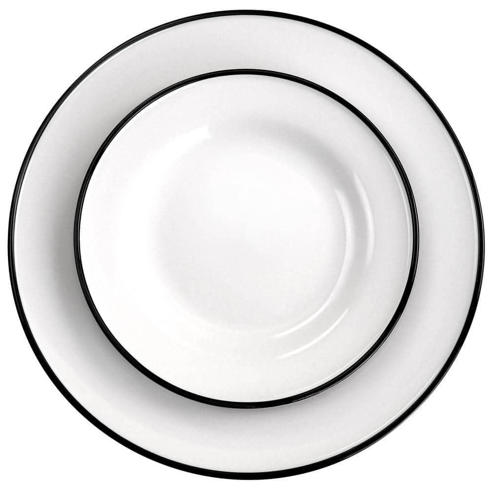 White Ceramic 16-Piece Dinnerware Set with Black Rim