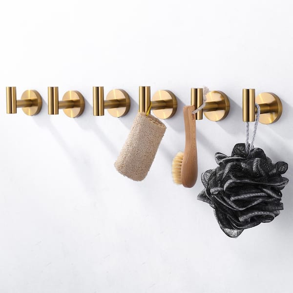 Stainless Steel Wall Mounted Round J-Hook Robe/Towel Hook with Rust Resistant in Brushed Gold(6-Pack)