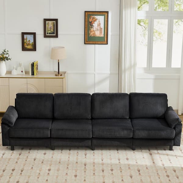 116.5 in. Pillow Top Arm Corduroy Upholstered Rectangle 4-Seater Sofa in Black