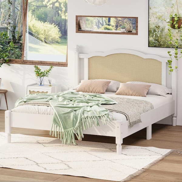 Harper & Bright Designs White Wood Frame Queen Size Vintage Platform Bed with Natural Rattan Headboard