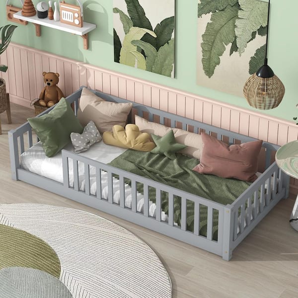 Gray Rubber Wood Frame Twin Size Floor Platform Bed with Safety Guardrails