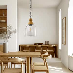 Farmhouse 1-Light Wood Grain Pendant with Large Clear Glass Shade, Rustic E26 Hanging Light for Kitchen Island