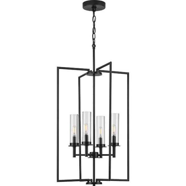 Progress Lighting Kellwyn 4-Light Matte Black Clear Glass Transitional Foyer Chandelier Light