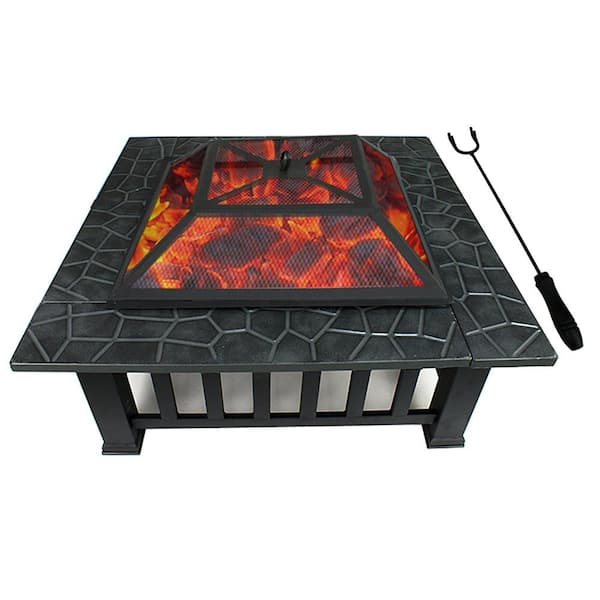 Kadehome 32 in. W x 18 in. H Square Iron Wood-Burning with Texture Tabletop in Black Fire Pit with Cover