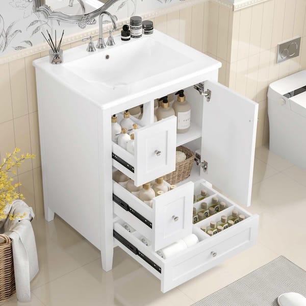 24 in. Freestanding White Bath Vanity with White Ceramic Top, Removable Dividers and Adjustable Shelf