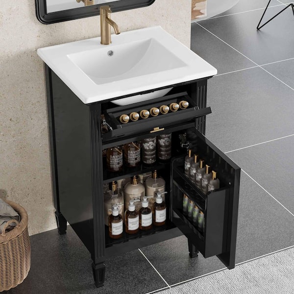 20 in. Freestanding Black Bath Vanity with White Ceramic Top, Adjustable Shelf, Tilt-Out Drawer and Zinc Alloy Knobs