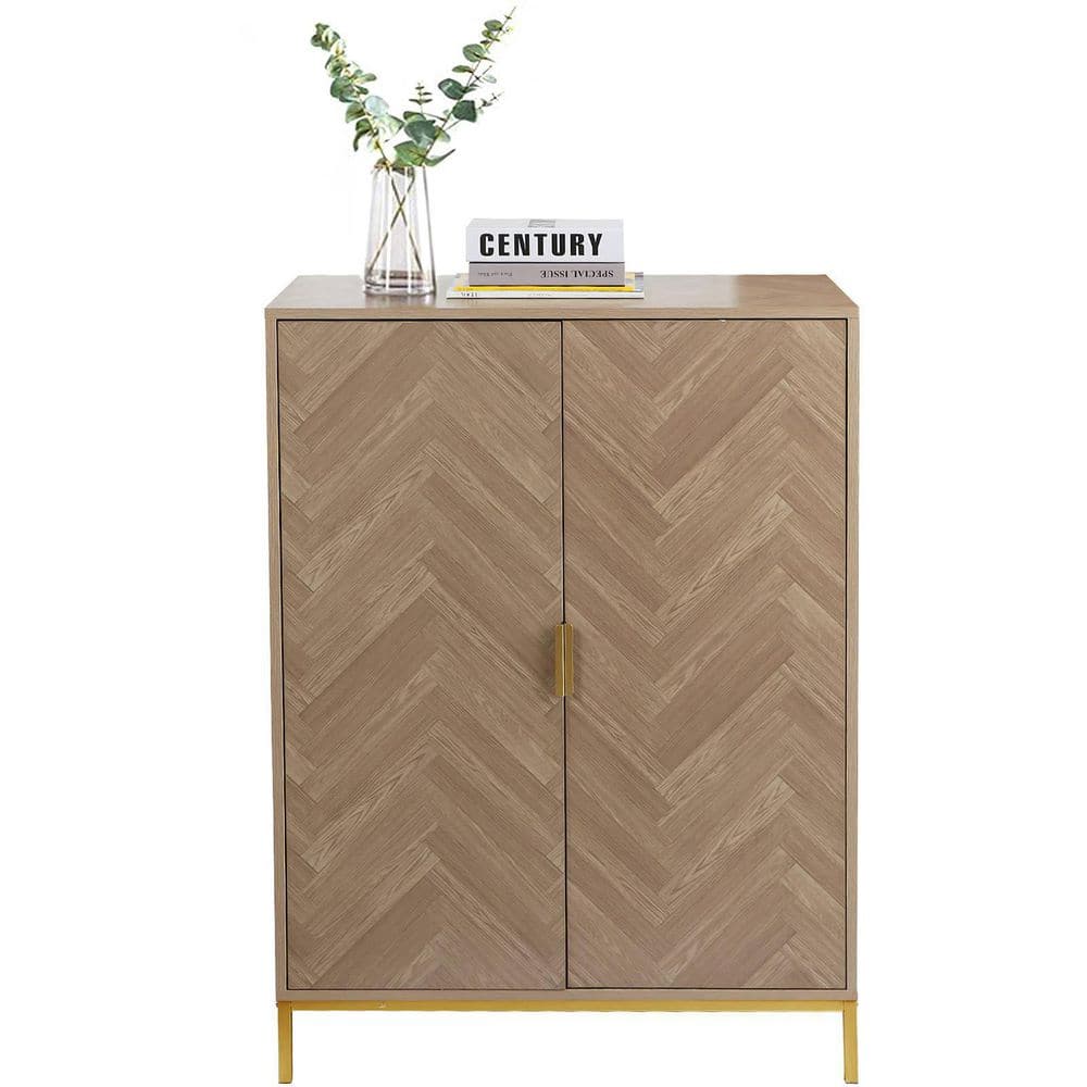Natural Oak Herringbone Pattern 2-Door Accent Cabinet with Gold Base