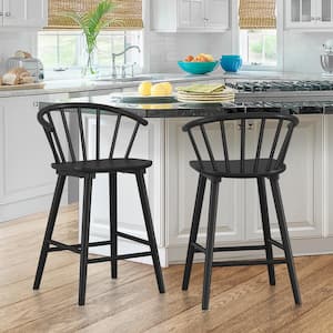 Winson Windsor 24 in. Black Solid Wood Bar Stool for Kitchen Island Counter Stool with Spindle Back Set of 2