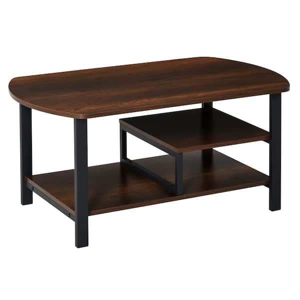 HOMCOM 39.25 in. Brown Rectangular Particle Board Coffee Table with 3 Storage Shelves