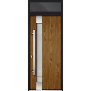 1713 36 in. x 96 in. Right-hand/Inswing Transom Frosted Glass Natural Oak Steel Prehung Front Door with Hardware