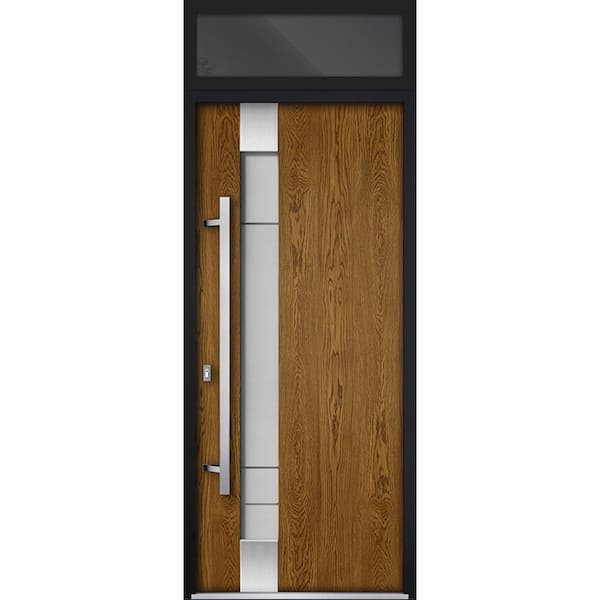 1713 36 in. x 96 in. Right-hand/Inswing Transom Frosted Glass Natural Oak Steel Prehung Front Door with Hardware