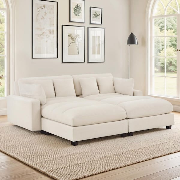 89 in. Square Arm Chenille 4-Piece Upholstered Rectangle Sectional Sofa in Oatmeal White with 2-Moveable Ottoman