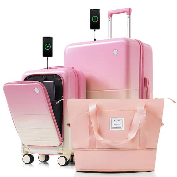 Merax Gradual 3-Piece Pink ABS+PC Hardshell Spinner 20"28" Luggage Set with Expandable Travel Bag, USB Ports Cup Holders Hook