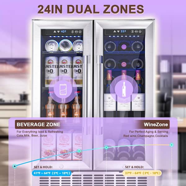 24 in. Dual Zone 18-Wine Bottles and 88-Cans Built-In /Freestanding Wine and Beverage Cooler in Stainless Steel