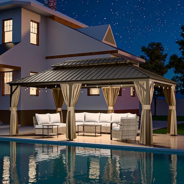 20 ft. W x 12 ft. D Patio Galvanized Steel Roof Aluminum Frame 2-Tier Hardtop Gazebo with Curtains and Netting, Brown