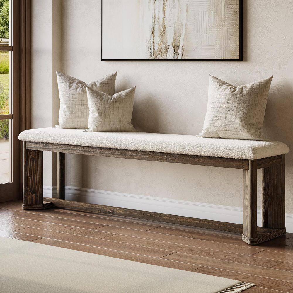 Penvilk Upholstered 63 in. White and Brown Solid Wood Entryway Dining Bench Shoe Bench with Cushion