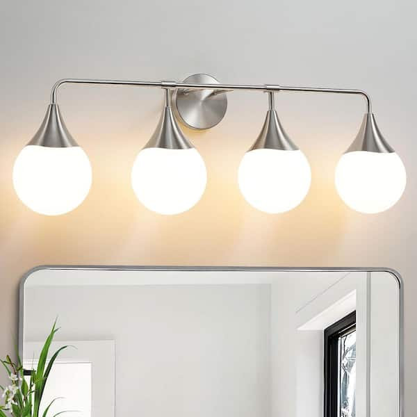 33 in. 4 Light Brushed Nickel Vanity Light with Milk White Globe Glass Shade Modern Bathroom Lighting Fixtures