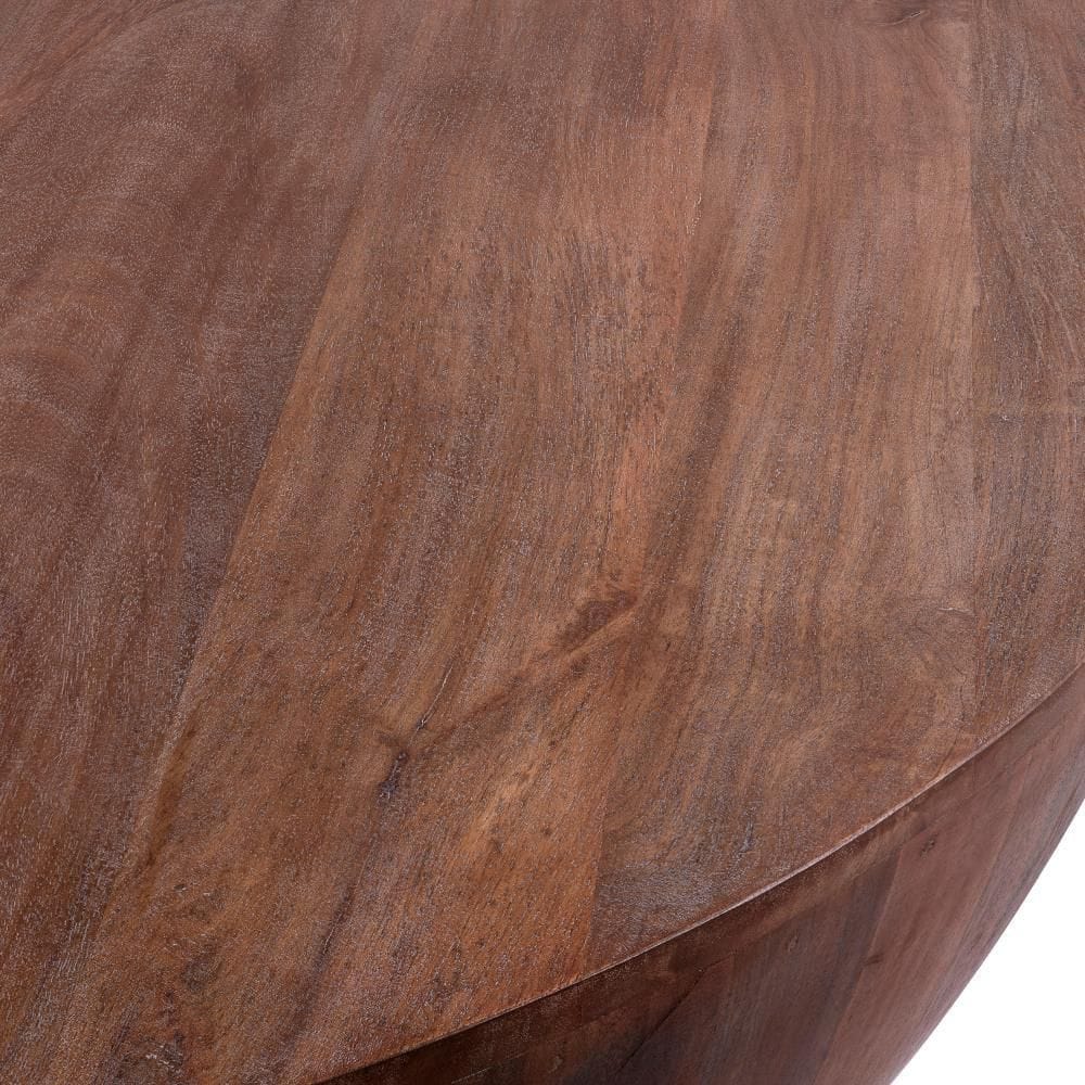 Rustic Drum-Shape Handcarved Mango Wood Coffee Table, Raw Brown