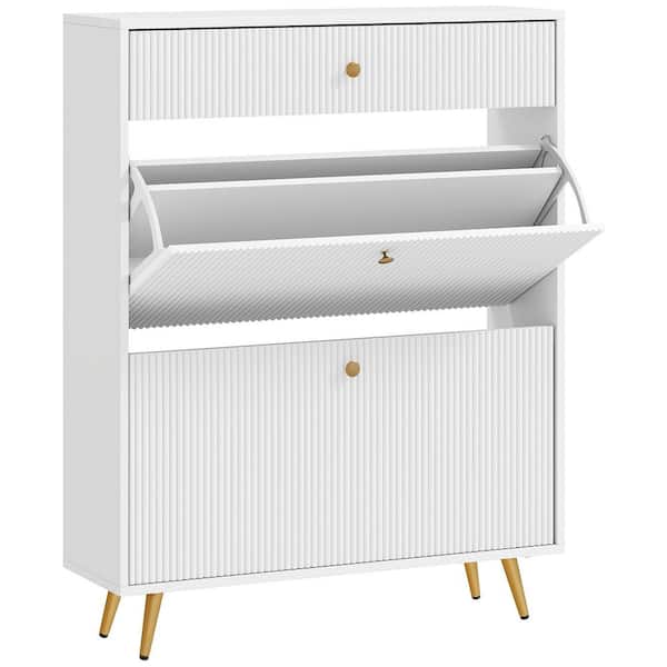 Narrow Shoe Cabinet for Entryway, Modern Shoe Storage Cabinet with Wave-like Panels, 2 Flip Drawers